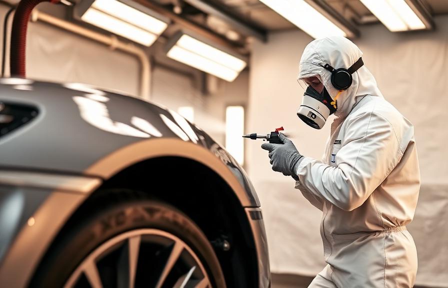 Technician spraying clear coat in a downdraft booth